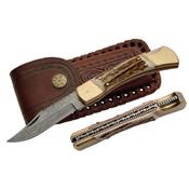 Couteau De Poche Lame Damas 126 Couches Manche Bois de Cerf Etui Cuir DM1040 - Free Shipping