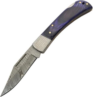 DM1310 Couteau Damas Opal Blue Royal Lame 128 Couches Etui Cuir - Livraison Gratuite 