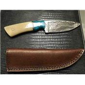 DM1186 Couteau Bowie Damas 256 Couches Manche Os/Turquoise Etui Cuir - Livraison Gratuite