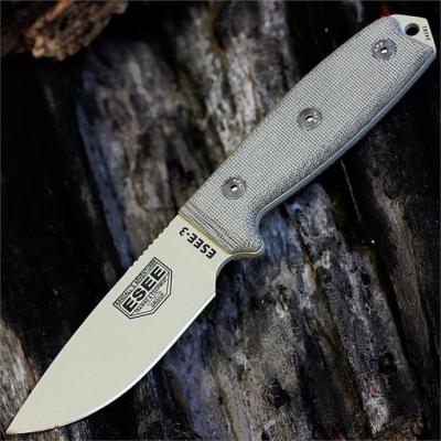 Couteau ESEE Model 3 Acier Carbone 1095 Tan Blade Manche Micarta Made USA NO SHEATH ES3PKODT - Free Shipping