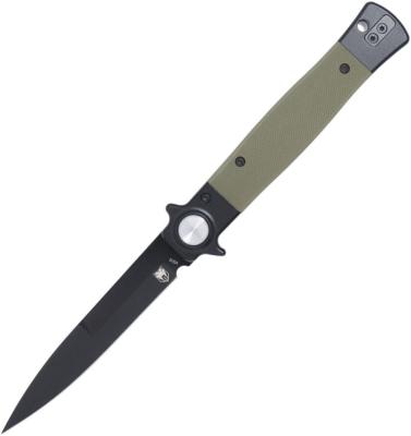 CBTSTBLODBK — Couteau Cobratec Knives Stiletto Button Lock Lame Acier VG-10 Stiletto Noire Mitres Inoxydables Manche G10 Vert OD Livraison Gratuite