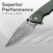 CIVC23027DS1 — Couteau Civivi Tranquil Lame Acier Damas Clip-Point Manche Micarta Canvas Vert Linerlock EDC Livraison Gratuite