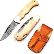 FHKBNE001 Couteau FH Knives Damas Bone Pliant Lame 128 Couches Etui Cuir - Livraison Gratuite