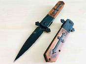 EE10A137WB ElitEdge Celtic Cross Stiletto | Couteau Lame Needle Point Acier 440C Silver | Manche Bois Croix Spring Assist - Livraison Gratuite