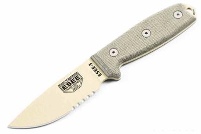 ES3SKODT ESEE Model 3 | Couteau Drop Point Acier Carbone 1095HC Desert Tan Serrated Manche Micarta USA - Livraison Gratuite