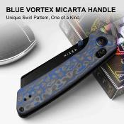 KIV3693A4 Kizer Madrac  – Couteau Lame Acier Nitro-V Black Reverse Tanto Manche Vortex Micarta Blue Clutch Lock – Livraison Gratuite