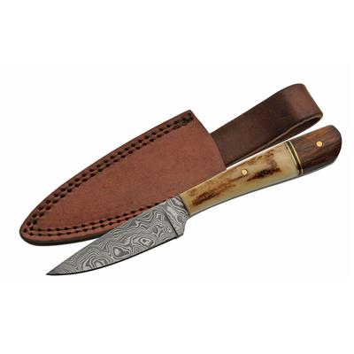 Couteau Damas Skinner Lame 256 Couches Manche Bois & Bois de Cerf Etui Cuir DM1176 - Free Shipping