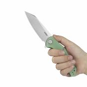 KUB158R — Couteau Kubey Flash Lame Acier Sandvik 14C28N Reverse Tanto Satiné Manche G10 Jade Linerlock - Livraison Gratuite