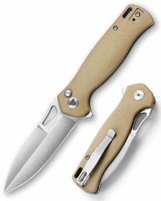 TVTY16G14 Trivisa Crateris | Couteau Lame Drop Point Acier 14C28N Sandvik | Manche Tan G10 Button Lock - Livraison Gratuite