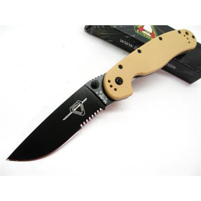 Couteau Ontario Rat 1 Desert Tan Acier AUS-8 Black Serr Manche Nylon Linerlock ON8847DT - Free Shipping