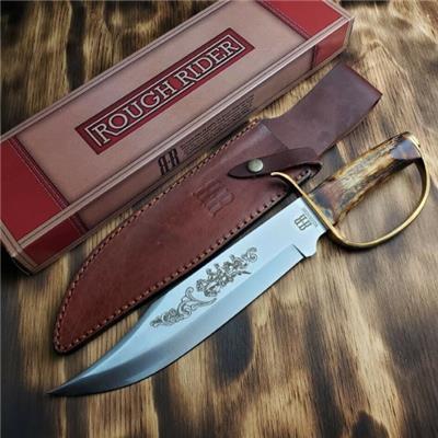 RR1943 Couteau Bowie David Crockett Rough Rider D Guard Acier 440 Etui Cuir - Livraison Gratuite