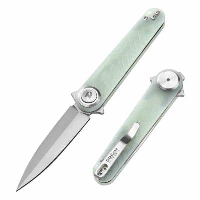 DTK4052GJ Couteau Dreamtech – Couteau Pliant Lame Acier 14C28N Spear Point Button Lock Manche Jade G10 – Livraison Gratuite