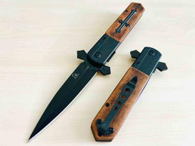 EE10A137WB ElitEdge Celtic Cross Stiletto | Couteau Lame Needle Point Acier 440C Silver | Manche Bois Croix Spring Assist - Livraison Gratuite