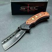 STT271281 Lot de 3 S-TEC Cleaver Linerlock A/O Wood – Couteau Pliant Tactique, Lame Inox Noire, Manche Bois Sculpté - Livraison Gratuite