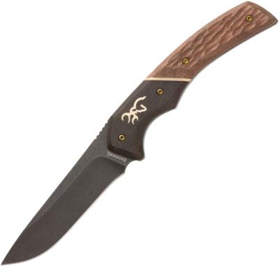 BR0395B — Couteau Browning Small Hunter Fixed Blade Lame Acier 440C Stonewash Noir Drop-Point Manche Bois Sculpté Bicolore Pleine Soie Étui Cuir Chasse Bushcraft Livraison Gratuite