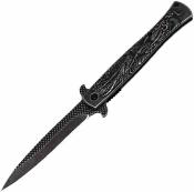 EE10A112SW ElitEdge – Couteau Pliant Stiletto Lame Acier Inox 440 Spear Point Black Manche Acier Gravé Dragon, Assisted Opening Linerlock – Livraison Gratuite