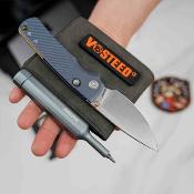 VOSA4803 — Couteau Vosteed Porcupine TiSlim Lame Acier 154CM Drop Point Stonewash Manche Titane Bleu Top Linerlock - Livraison Gratuite
