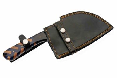 DM1432 Couteau Braided Cleaver | Lame Acier damas Cleaver | Manche Plaquettes Blue/Marron Housse Cuir | Livraison Gratuite