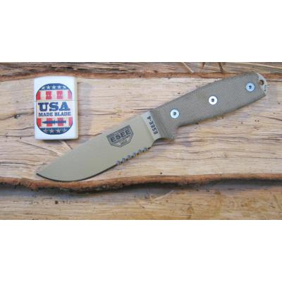 Couteau de Survie Esee Model 4 Part Serrated Carbon 1095 Manche Micarta Etui Kydex Made In USA ES4SMBDT - Free Shipping