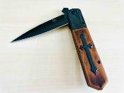 EE10A137WB ElitEdge Celtic Cross Stiletto | Couteau Lame Needle Point Acier 440C Silver | Manche Bois Croix Spring Assist - Livraison Gratuite