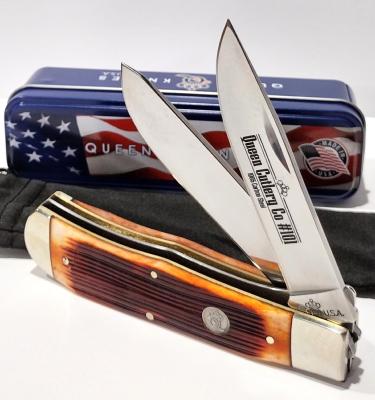 QAWB206L Couteau Queen Lame Clip/Spey Acier 1095HC Manche Os Amber Winter Made USA - Livraison Gratuite