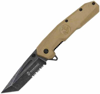 USMA3007TN Couteau pliant USMC | Lame Tanto combo Acier inox | Manche nylon Tan | Ouverture assistée Licence USMC - Livraison Gratuite