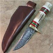 Couteau Damas 128 Couches Manche Bois de Cerf Etui Cuir Fabrication Artisanale DM1075 - Free Shipping