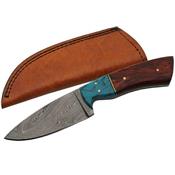 DM1187 Couteau Bowie Damas 256 Couches Manche Bois/Turquoise Etui Cuir - Livraison Gratuite