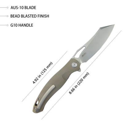 KUB239J Couteau Pliant Kubey Drake Tan Lame Tanto Acier AUS-10 Pivot Roulements à Billes Linerlock - Livraison Gratuite