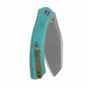 MGR827BU — Couteau Miguron Karok Lame Acier D2 Sheepsfoot Stonewash Manche G10 Bleu Button Liner Lock - Livraison Gratuite