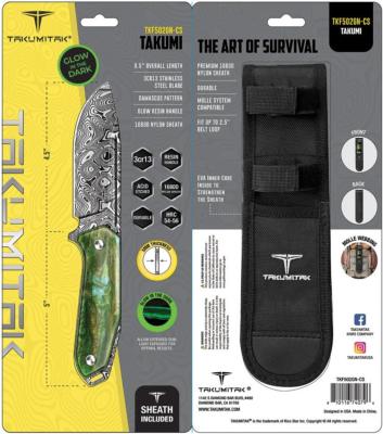 TKF502GNCS — Couteau Takumitak Lame Acier 3Cr13 Drop Point Motif Damas Gravé Acide Manche Résine Verte Phosphorescente Housse Nylon - Livraison Gratuite