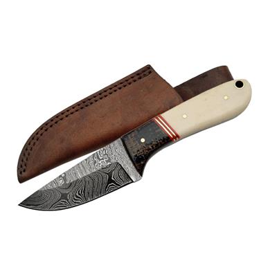 Couteau Damas Hunter Bone Handle Acier 256 Couches Manche Os Micarta Etui Cuir DM1088 - Free Shipping
