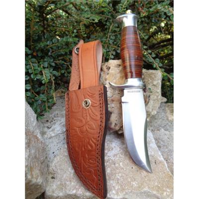 Couteau de Chasse Bowie Alamo Hunter Leather Lame Acier 440 Manche & Etui Cuir Rough Rider RR2109 - Livraison Gratuite