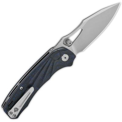 QS146B1 — Couteau QSP Knife Hornbill Lame Acier S35VN 59-61 HRC Stonewash Drop-Point Manche Fibre de Carbone Bleue Sculptée Linerlock - Livraison Gratuite