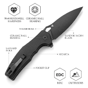 TVTY20BM14 — Couteau Trivisa Corvus Button Lock Lame Acier 14C28N Drop Point Noir Manche Micarta Noir - Livraison Gratuite