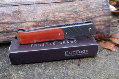 EE10A106WDTS ElitEdge – Couteau Pliant Lame Acier 440C Tanto Gris Serr Manche Bois Brun, Linerlock A/O – Livraison Gratuite