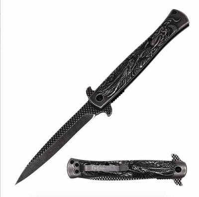 EE10A112SW ElitEdge – Couteau Pliant Stiletto Lame Acier Inox 440 Spear Point Black Manche Acier Gravé Dragon, Assisted Opening Linerlock – Livraison Gratuite