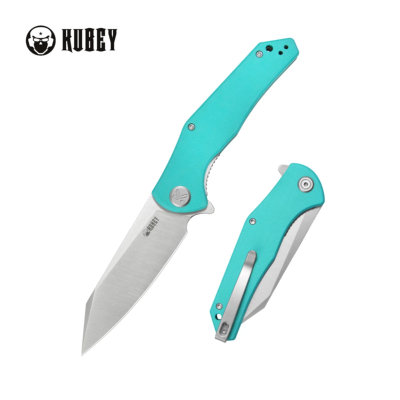 KUB158T — Couteau Kubey Flash Lame Acier Sandvik 14C28N Reverse Tanto Satiné Manche G10 Bleu Tiffany Linerlock - Livraison Gratuite