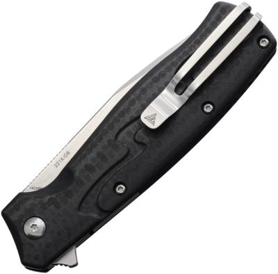 SRM221XGB — Couteau SRM 221X Lame Acier 14C28N Brushed Bowie Manche G10 Motif Carbone Noir Button Lock - Livraison Gratuite