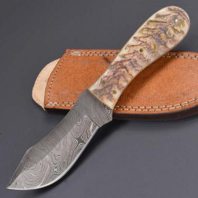 Couteau Skinner Damas Lame 256 Couches Manche Corne de Bélier Etui Cuir DM1121 - Free SHipping