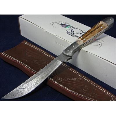 Couteau BOWIE Lame en DAMAS et manche en BOIS DE CERF Damas Navaja Hunter DM1024