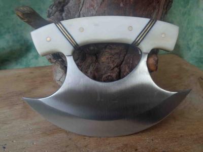 PA8026BO Couteau Ulu Inuit Manche Os Acier Inox Housse Cuir - Livraison Gratuite