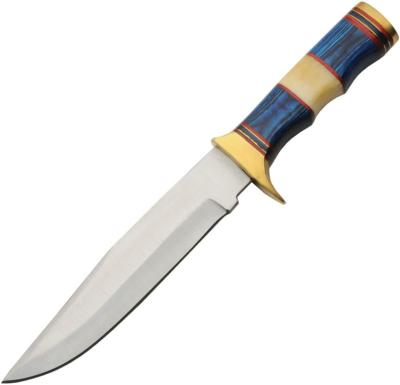 PA203457 Couteau Sailor's Delight Hunter Lame Acier Satinée Manche Bois Bleu Garde en Laiton Etui Cuir - Livraison Gratuite