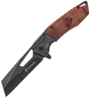 USMA3008BN Couteau USMC M-A3008BN | Lame Wharncliffe Acier inox Black Manche Bois brun | Linerlock | Assisted Opening | Clip de poche - Livraison Gratuite