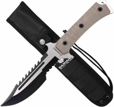 USMC USMFIX3006TN | Couteau Fixe Tactique | Lame Acier 3Cr13MoV Partiellement Dentée | Manche G10 Tan | Étui Nylon - Livraison Gratuite
