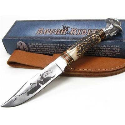 Couteau Rough Rider Bone Cowboy Manche Os avec Tête Etui Cuir RR1630 - Livraison Gratuite