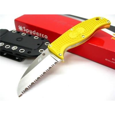 Couteau Spyderco Enuff Salt Yellow Lame Acier H-1 Serrated Manche FRN Etui Polymer Made In Japan SCFB31SYL - Free Shipping