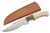 PA203515 Couteau Ivy Skinner Manche Os Lame Gravée Acier Inox Etui Cuir - Livraison Gratuite