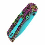 T1001V9 Tenable Kryo – Couteau Pliant Lame Acier 14C28N Bleu Drop Point, Manche Jade G10 Purple Undead Print, Crossbar Lock Kim Ning Design – Livraison Gratuite