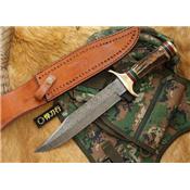 Couteau Bowie de Chasse Lame en DAMAS 128 couches Manche en Bois de Cerf DM1032 - Free Shipping